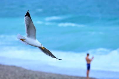 Antalya'da Rus turist, fırtınanya aldırmadan denize girdi, ceket giyenlere güldü